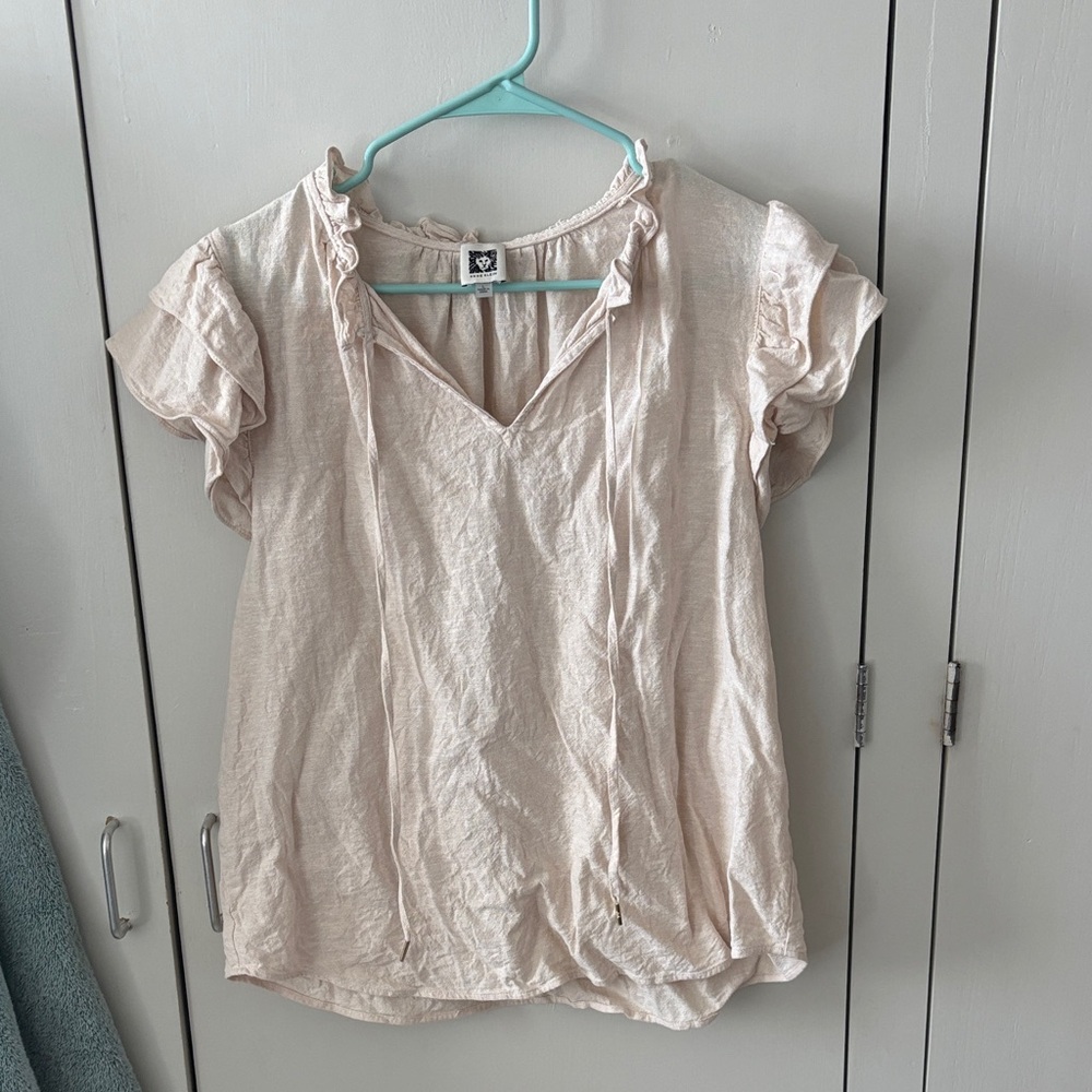 Anne Klein Cream Ruffle Sleeve Linen Blouse